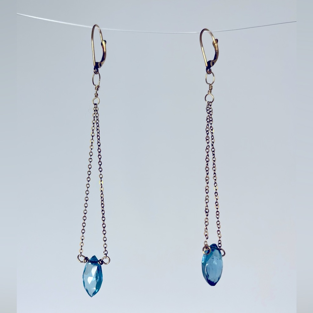 Turquoise blue gem stone drop earrings on gold double chain